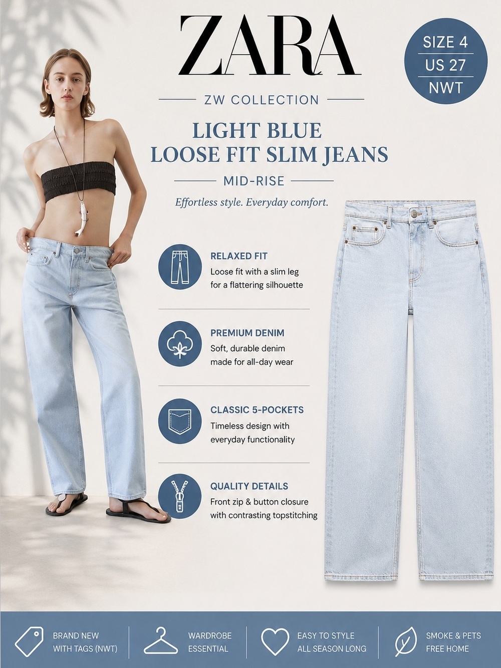 ZARA ZW Light Wash Mid-Rise Loose Fit Slim Jeans NWT US 4 (27)